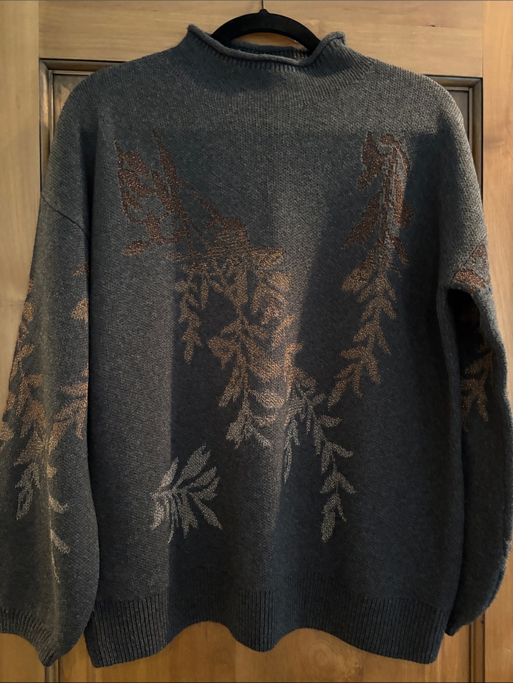Garnet Hill Charcoal Gray Sweater with Brown Leaf Motif - runs large,